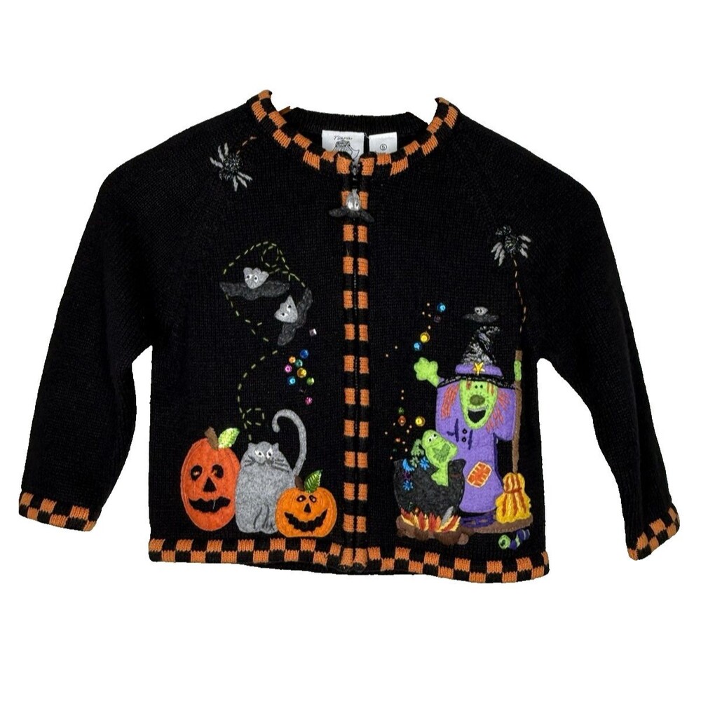 Tiara Girls Halloween Sweater Size 5 Embroidered Witch Pumpkins Black Orange